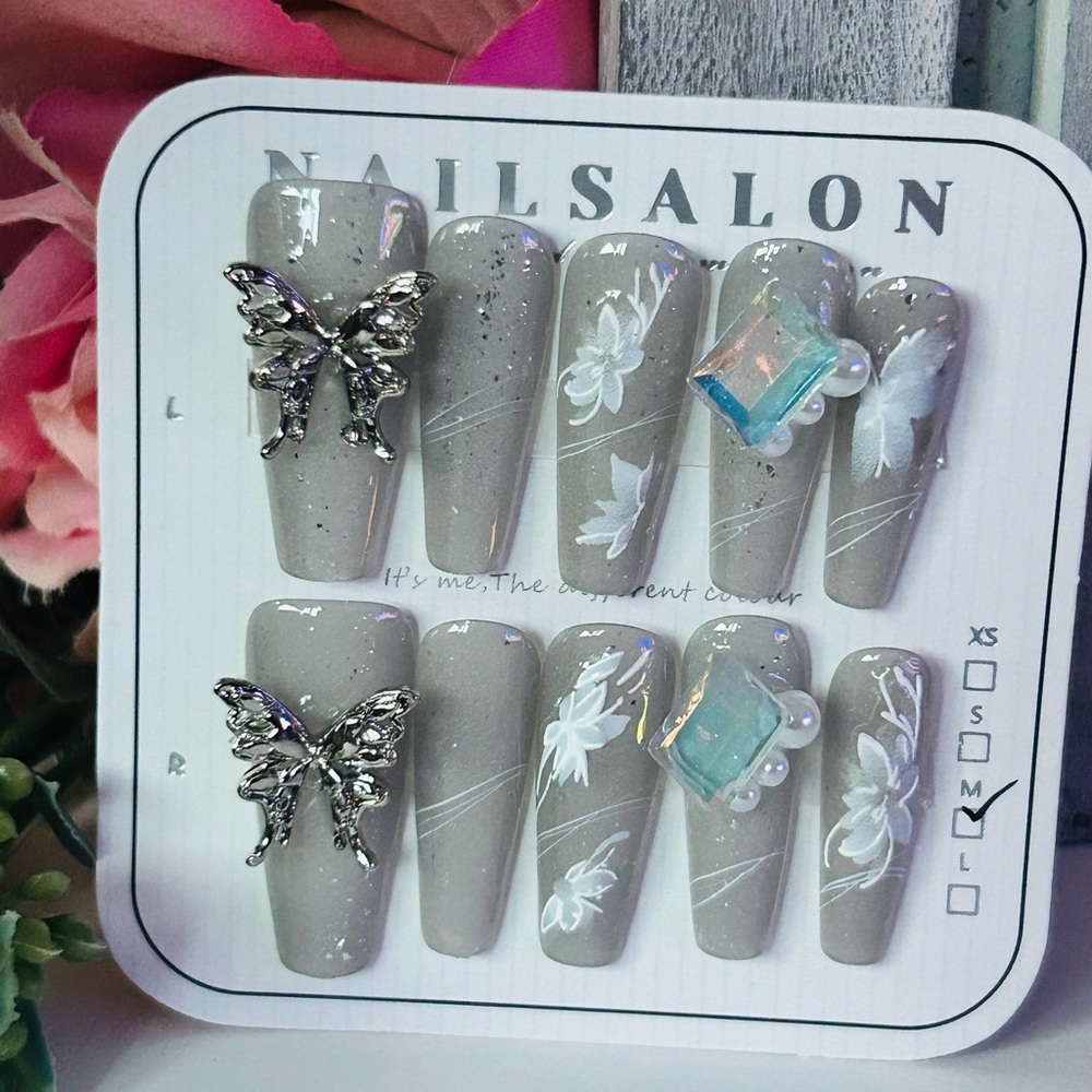 Gray Nail Art Set with Butterfly Accents